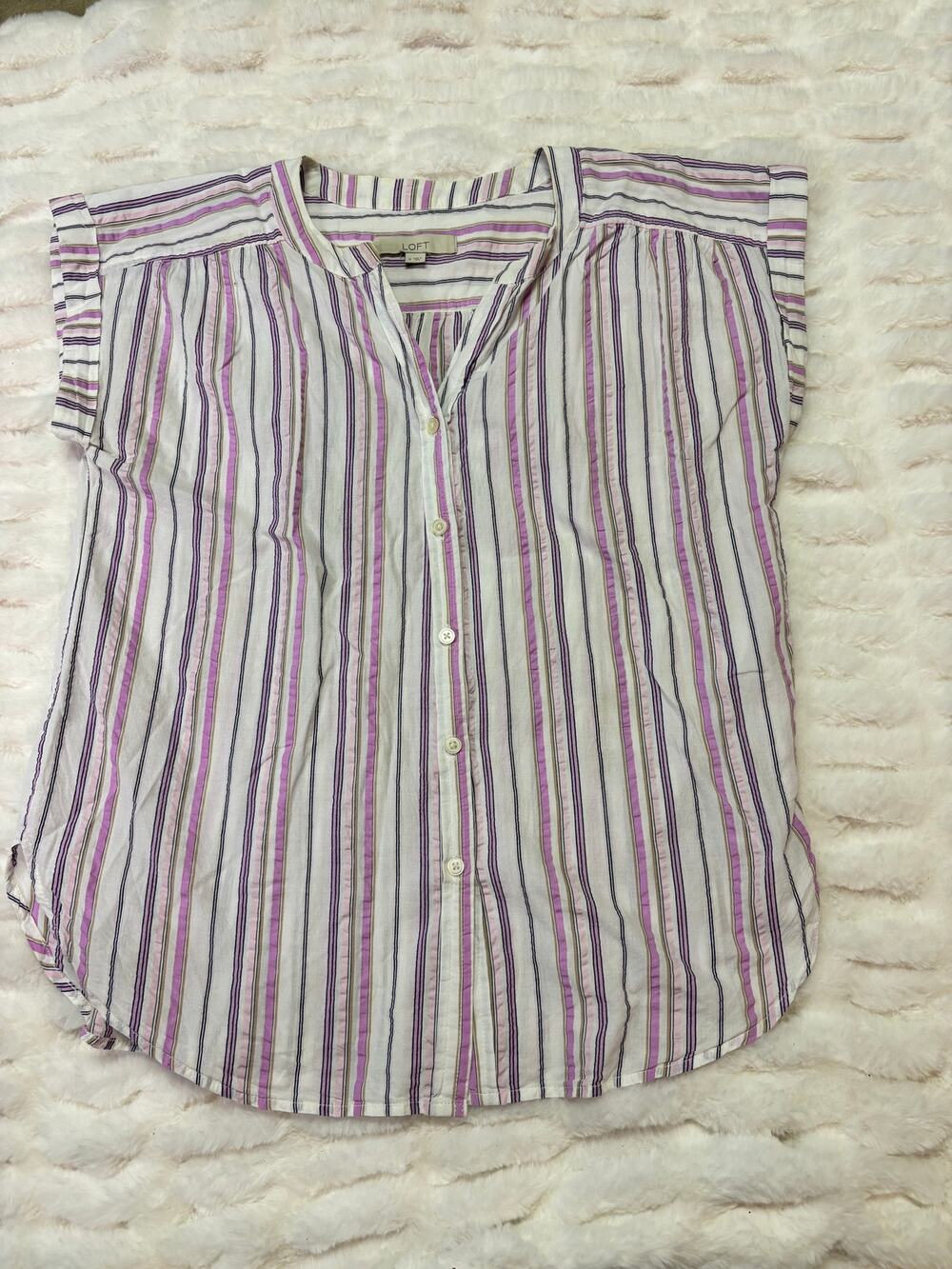 LOFT Striped Popover Tunic Top Women's Medium Purple Cap Sleeve Boho